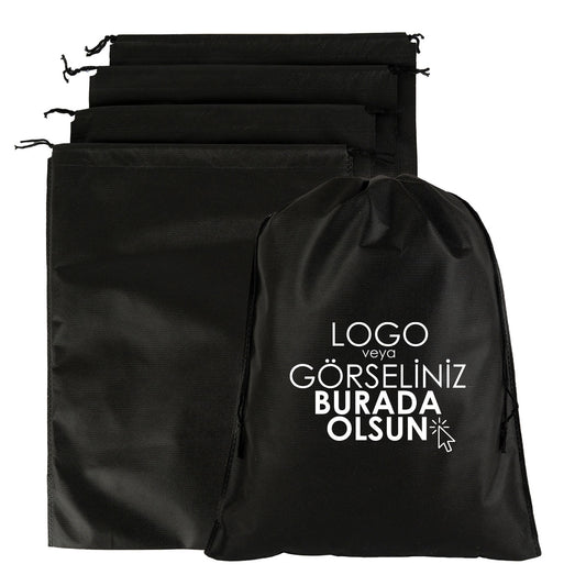 Ultrasonik Tela Kese - Siyah - 35x45 cm - Ayakkabı Ve Çamaşır Torbası - 500 Adet, Tek Renk Logo Baskılı