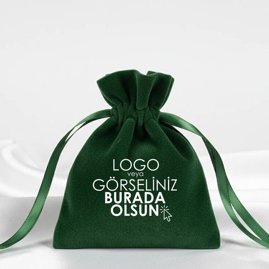 Kadife Gül Kese 10x13 cm - Yeşil (Özelleştirilebilir)