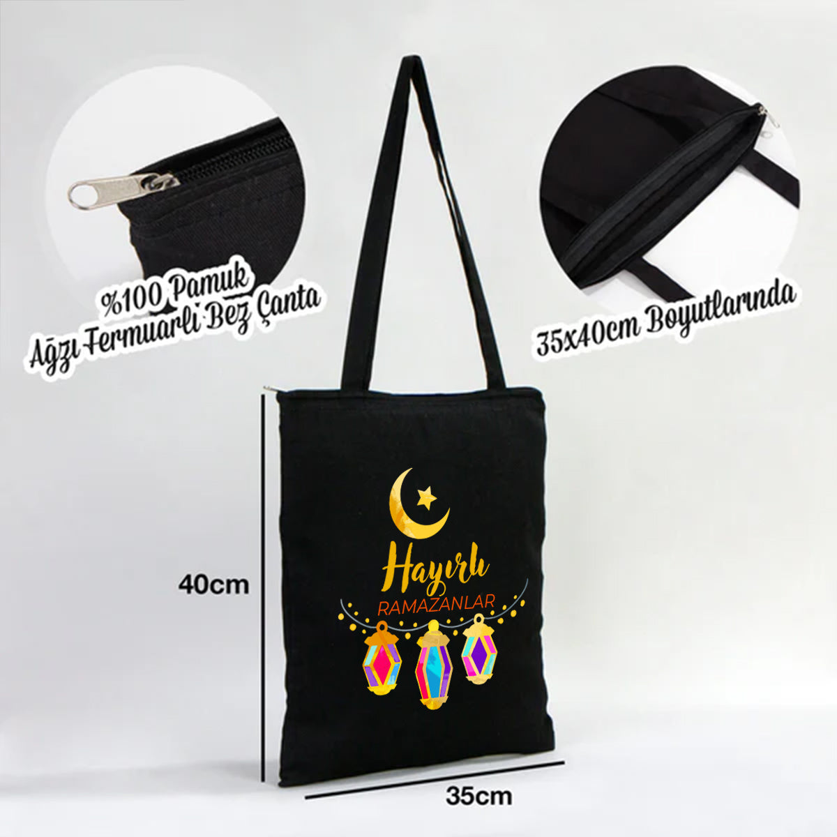 35x40 cm Siyah Gabardin Fermuarlı Bez Model - Bayram Çantası