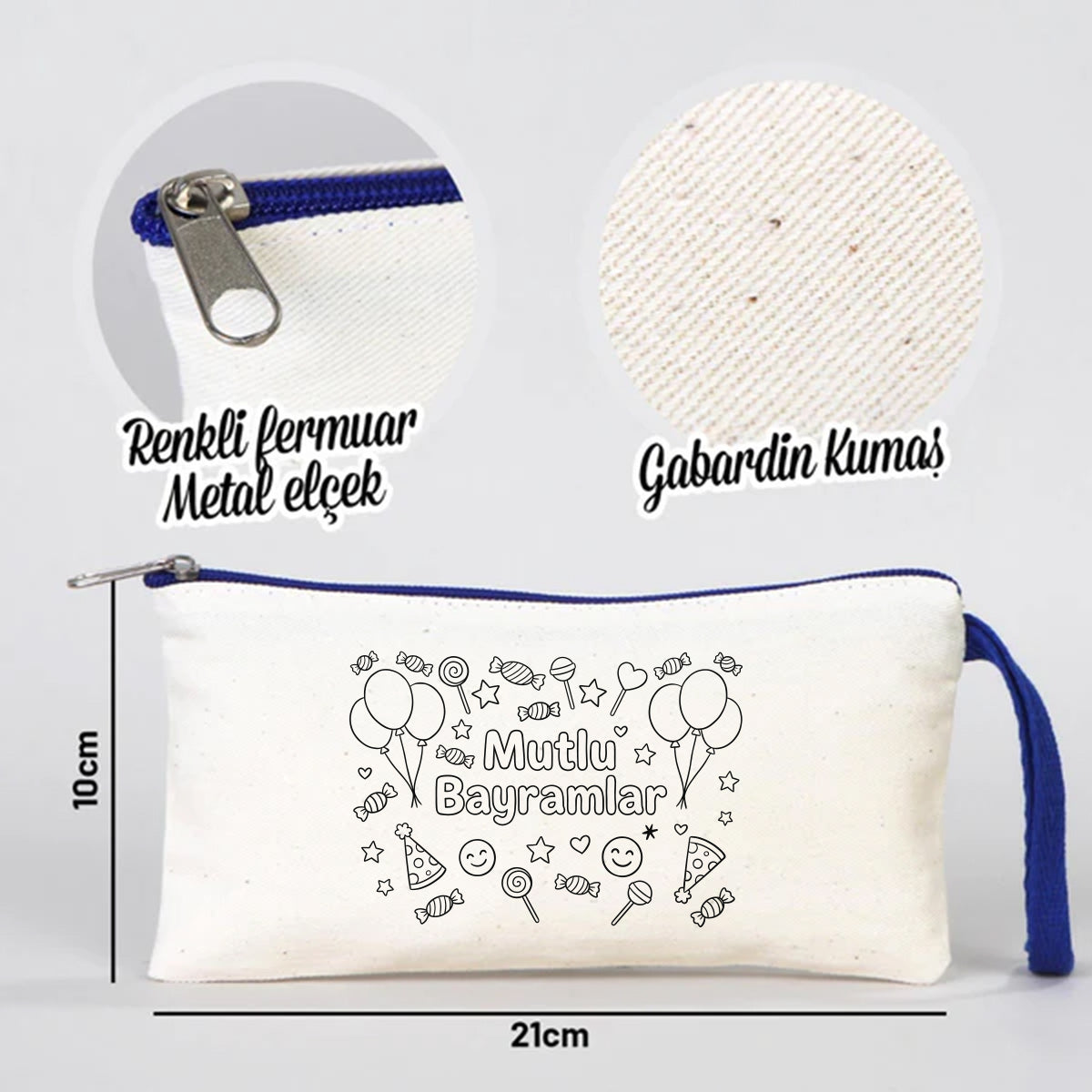 Boyama 21x10 cm Saks Mavi Fermuarlı Bez Kese - Bayram Harçlık Cüzdanı