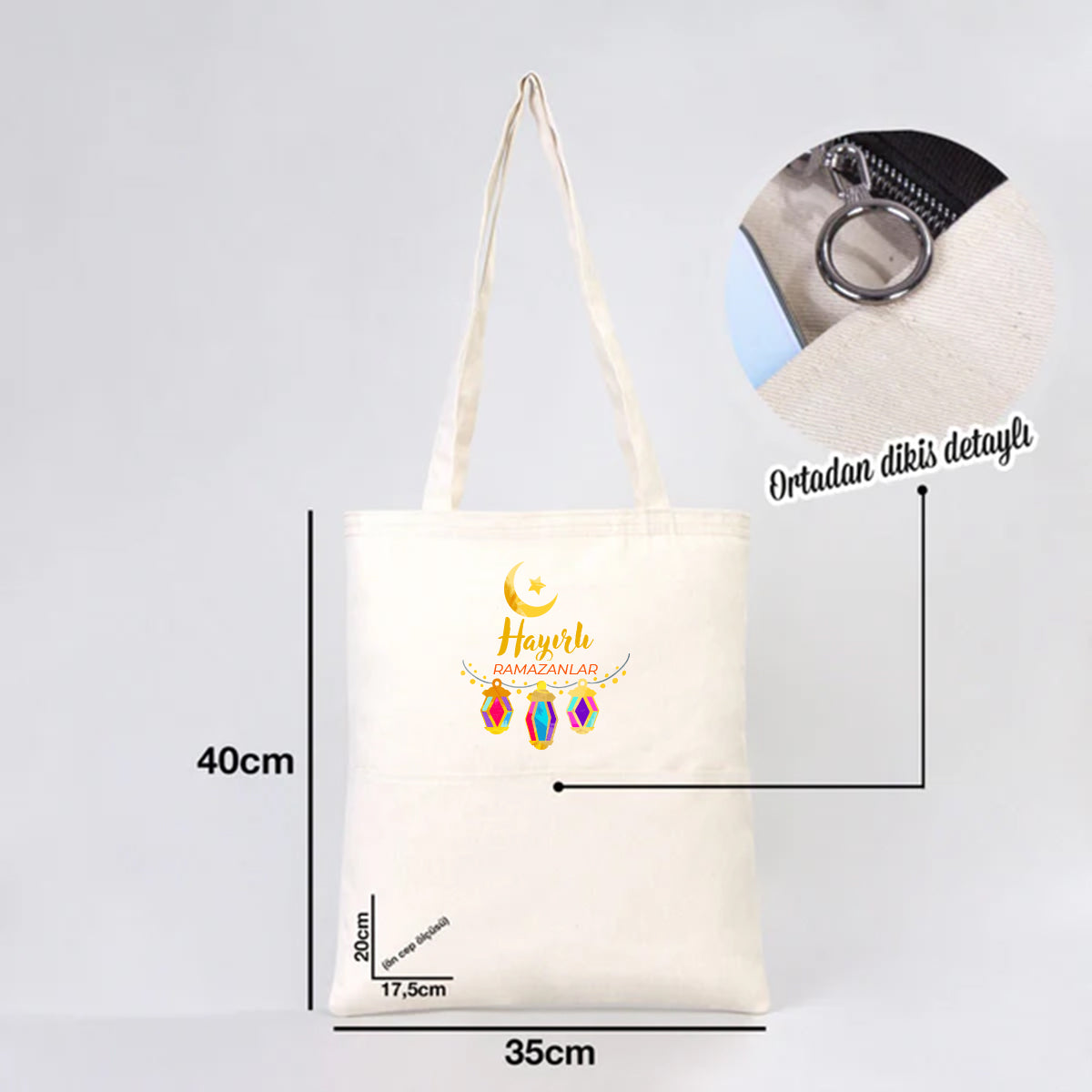 35x40 cm Gabardin Çift Cepli Bez Çanta - Bayram Çantası