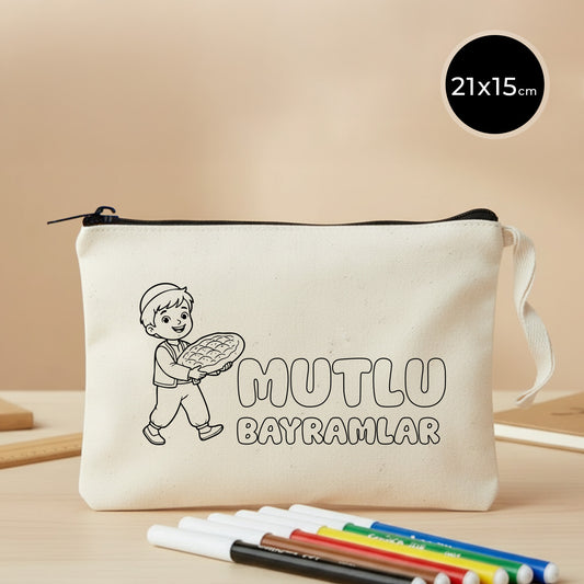 21x15 cm boyanabilir astarsız ham bez clutch, siyah fermuarlı ve bilek askılı model; ön yüzünde çocuk figürü ve “Mutlu Bayramlar” yazılı çizim baskı bulunan Bayram Kesesi Hediyelik çanta.