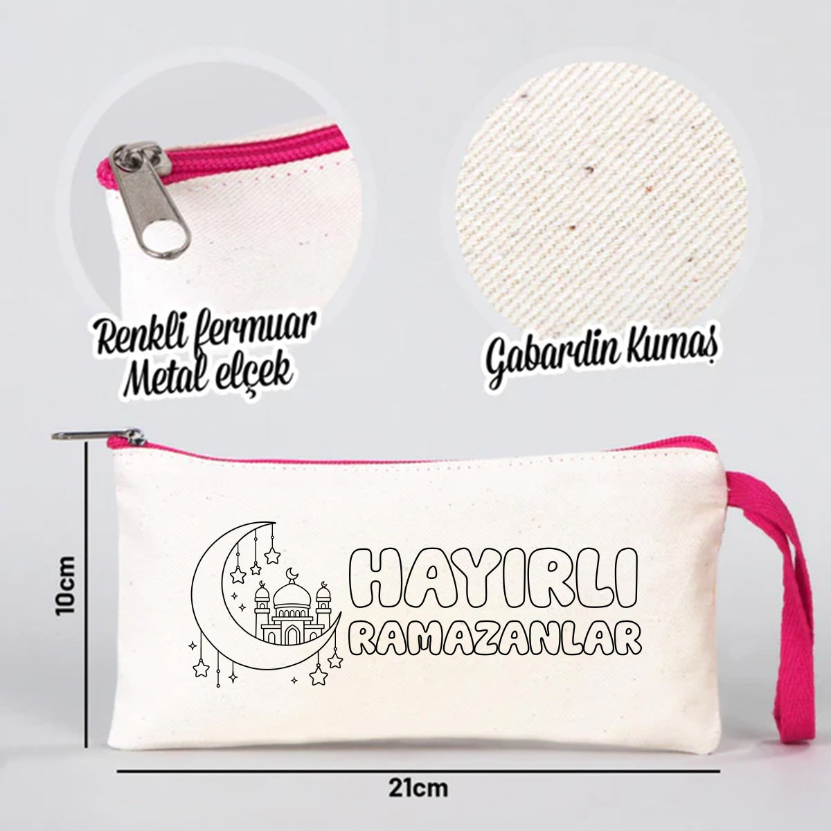 Boyanabilir 21x10 cm Fuşya Fermuarlı Bez Kese - Bayram Harçlık Cüzdanı