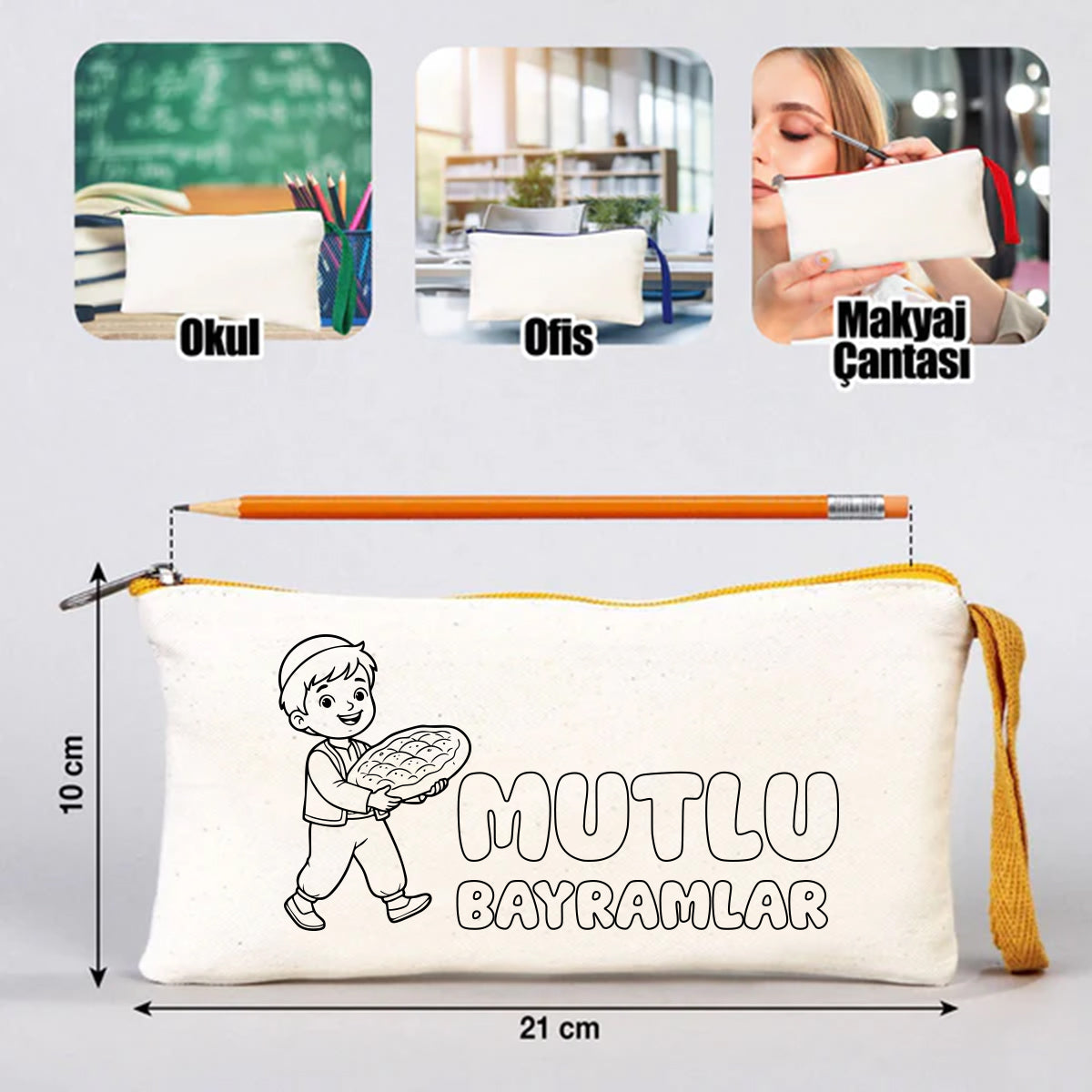 Boyanabilir 21x10 cm Sarı Renkli Fermuarlı Bez Kalemlik - Bayram Kesesi