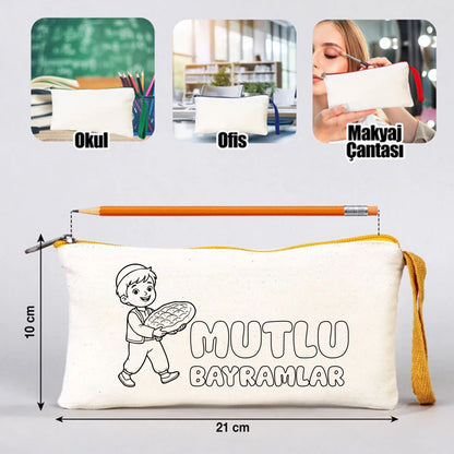 Boyanabilir 21x10 cm Sarı Renkli Fermuarlı Bez Kalemlik - Bayram Kesesi