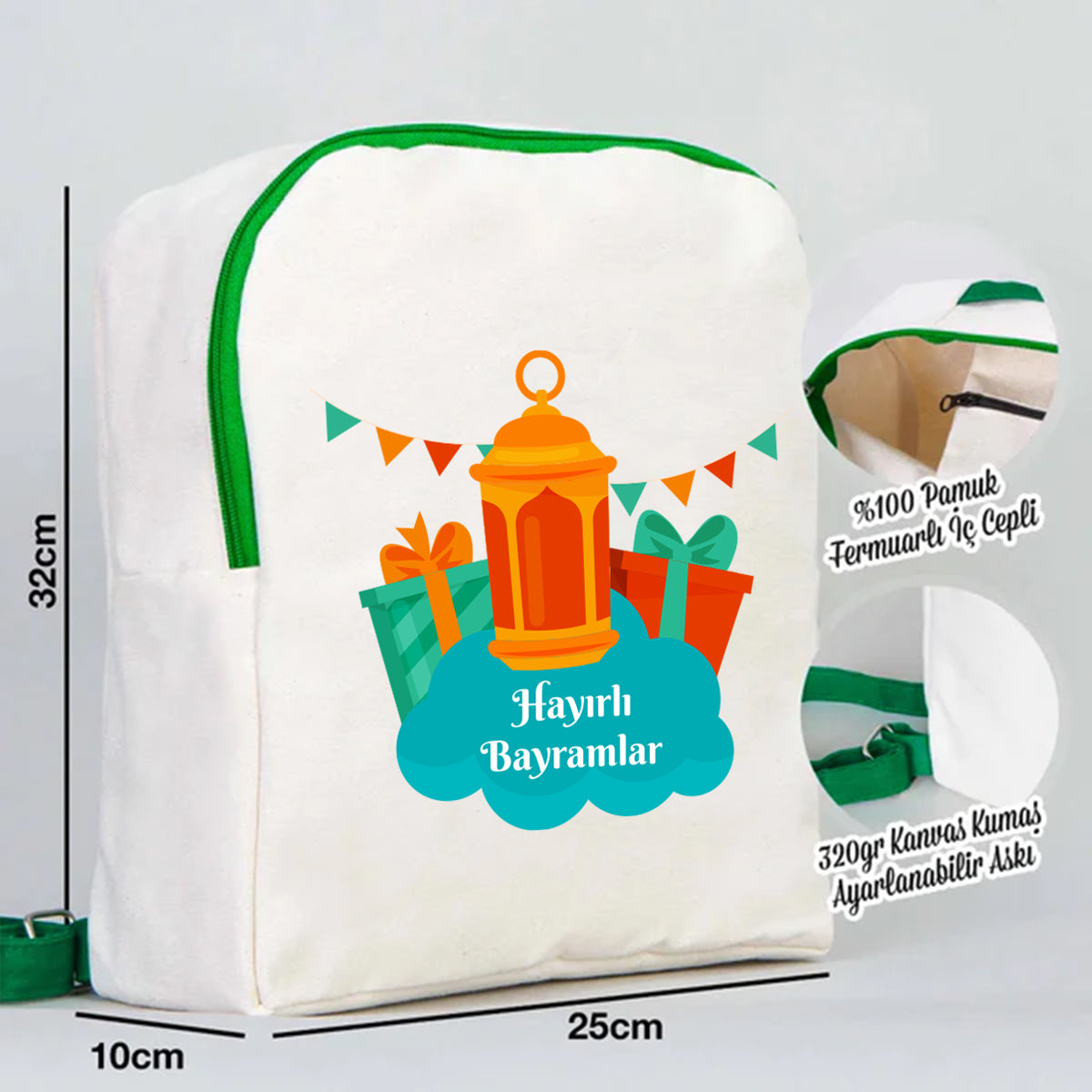 25x32x10 cm Yeşil Renk VIP Kanvas Sırt Modeli - Bayram Çantası