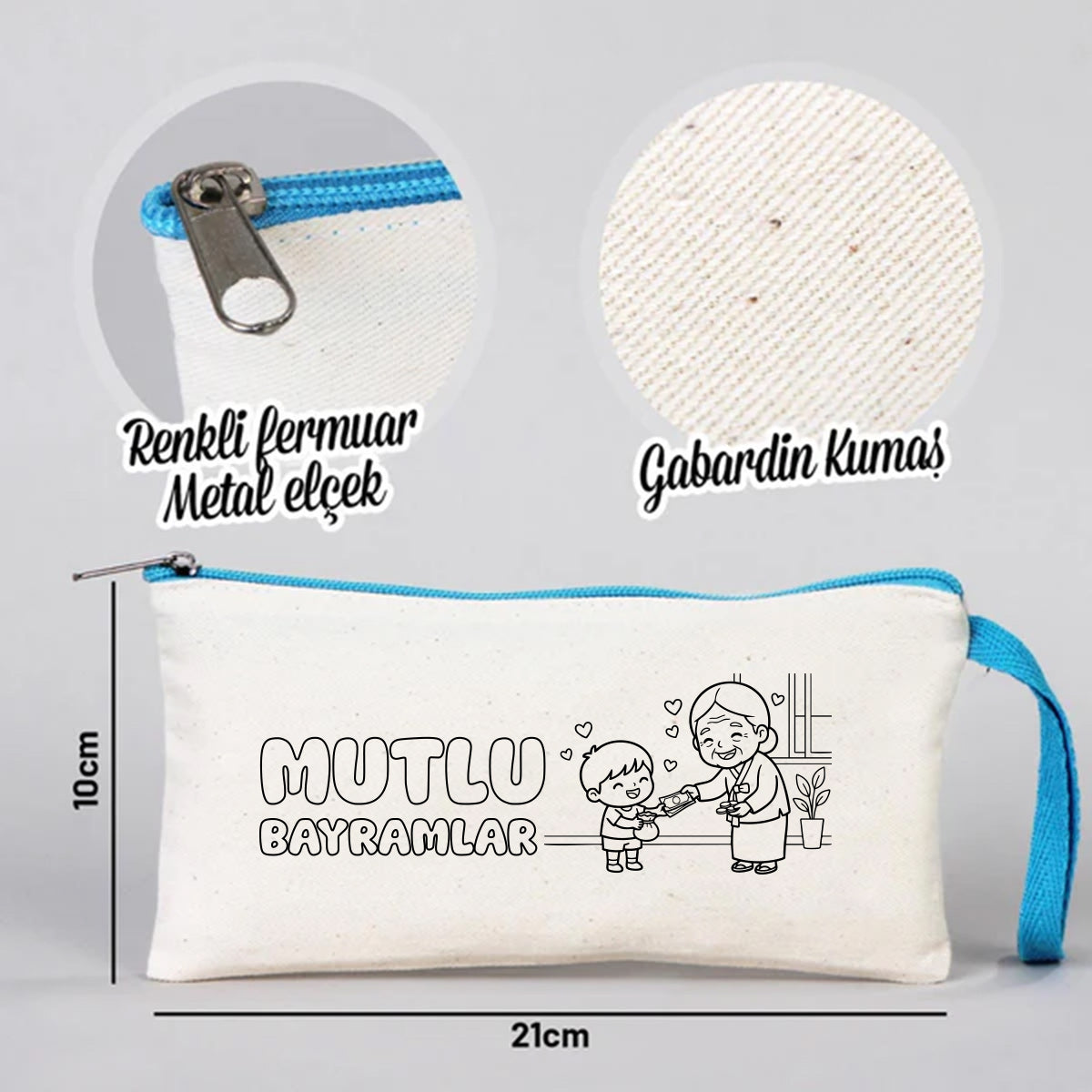 Boyanabilir 21x10 cm Turkuaz Bez Kalemlik - Bayram Cüzdanı