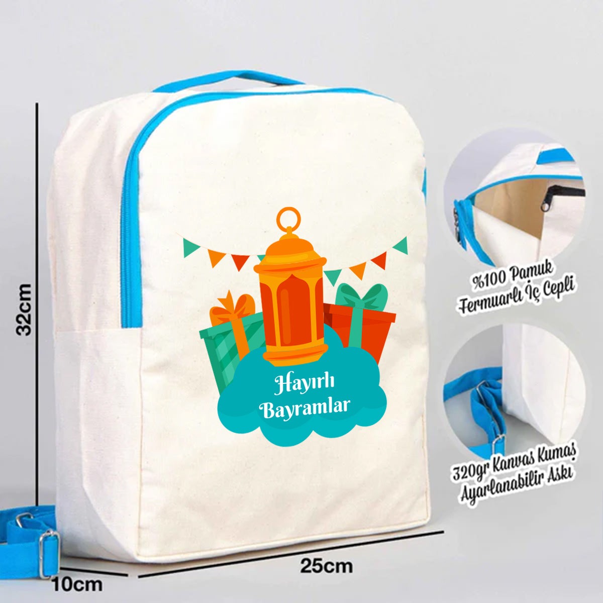 25x32x10 cm Turkuaz Renk VIP Kanvas Sırt Modeli - Bayram Çantası
