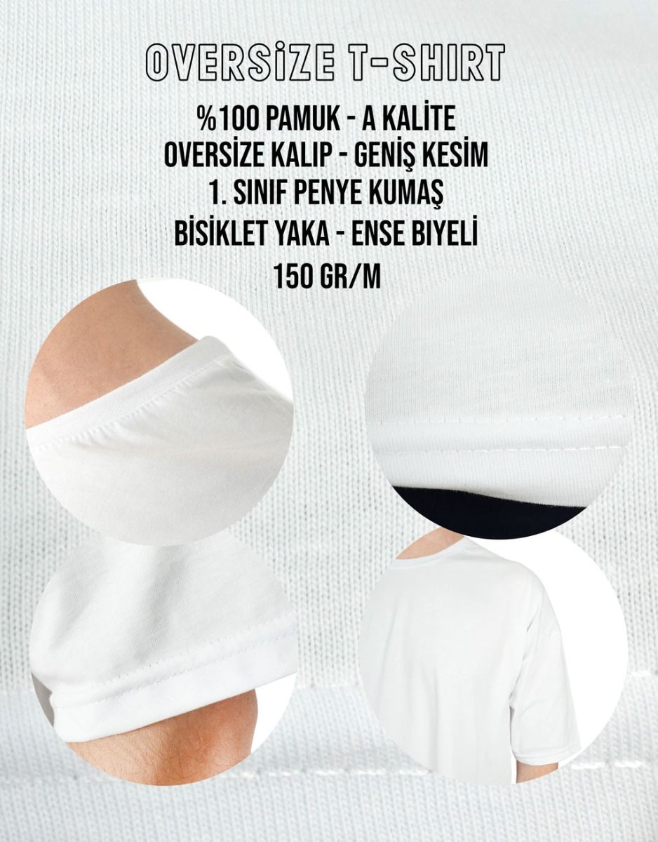 Oversize Bisiklet Yaka Baskısız Tişört Beyaz