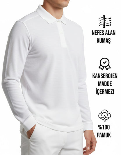 Polo Yaka Uzun Kol Beyaz Tişört