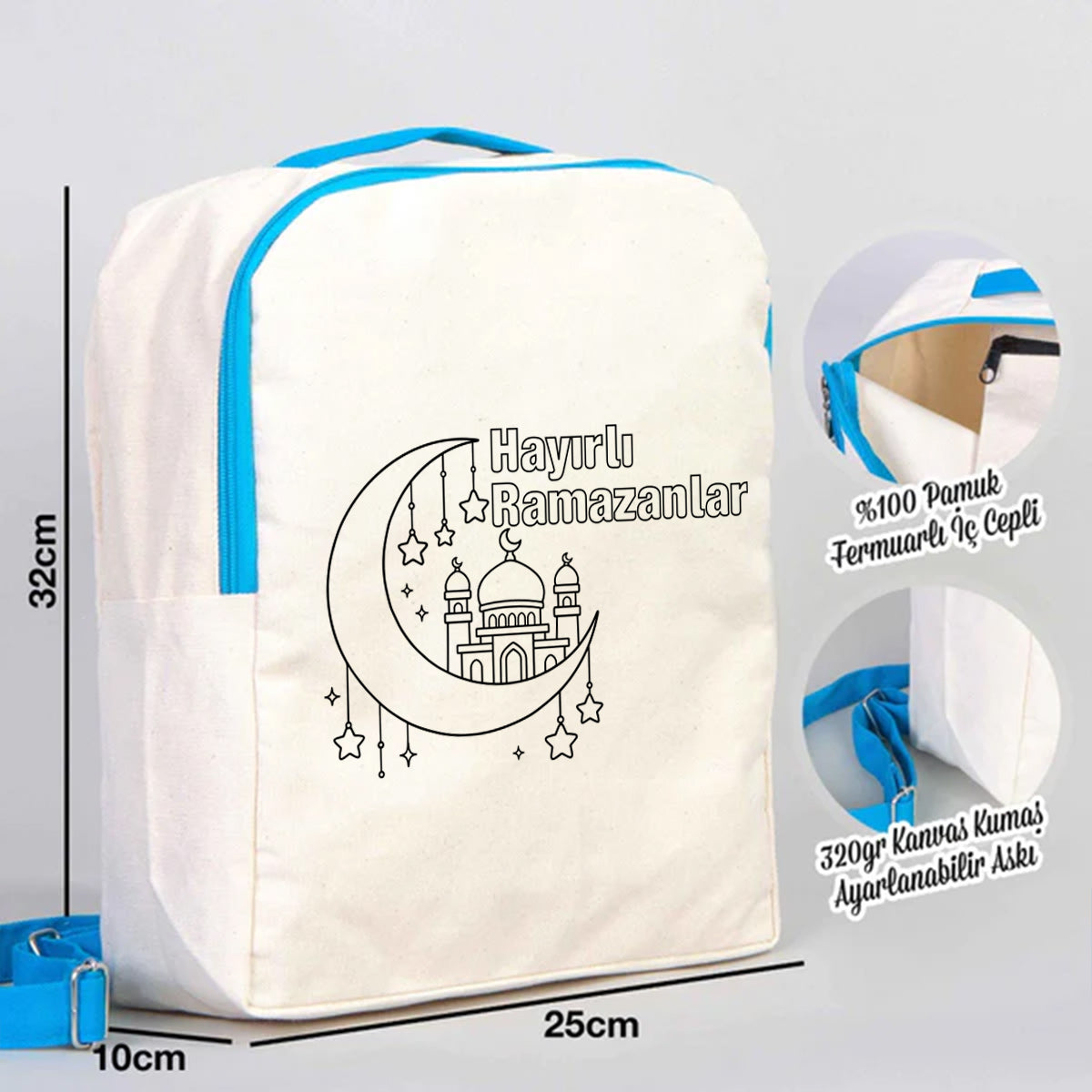 Boyanabilir 25x32x10 cm Turkuaz Renk VIP Kanvas Sırt Modeli - Bayram Çantası