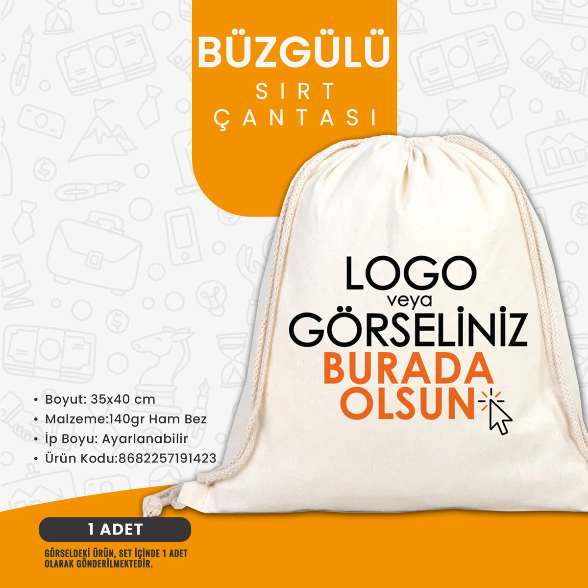 Logo baskılı büzgülü sırt çantası; 35x40 cm ölçülü, 140 gr ham bez kumaştan üretilen, dayanıklı ve ayarlanabilir ipli promosyon çanta modeli.