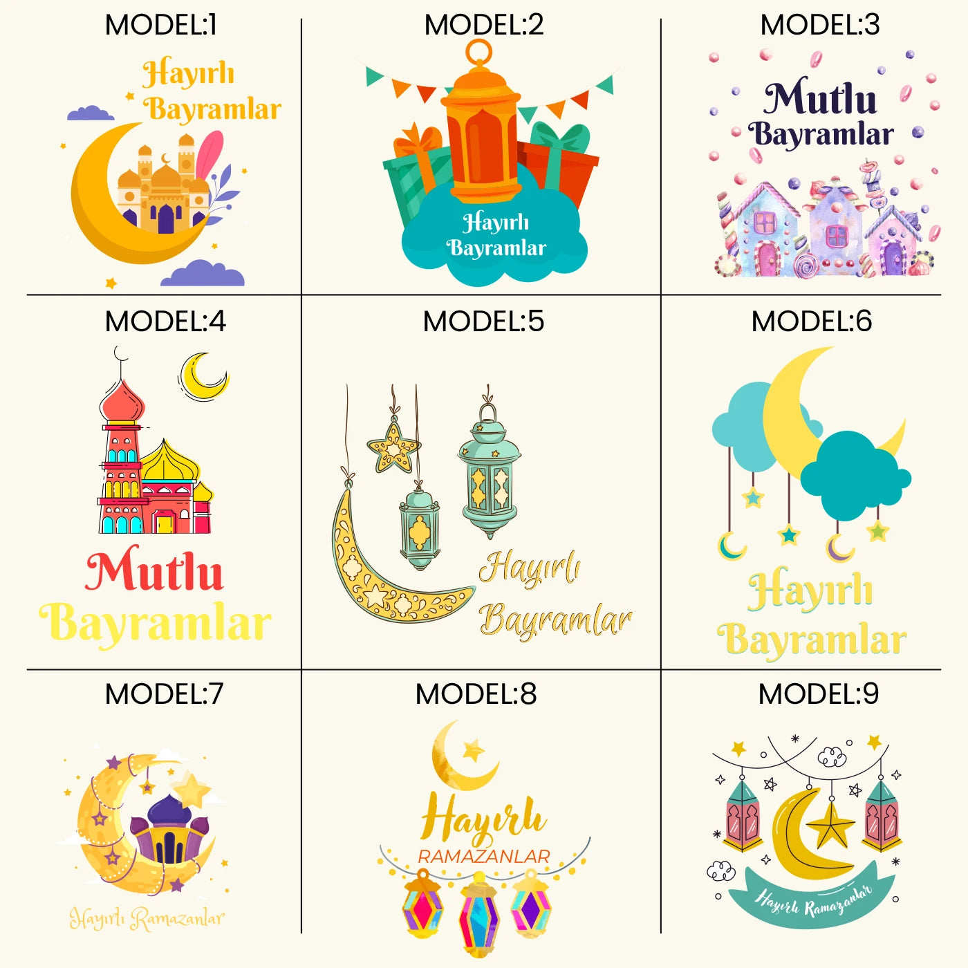 Bayram temalı harçlık kesesi desenleri; cami, ay, şeker, ev figürleri ve çocuk illüstrasyonları içeren renkli baskı tasarımları