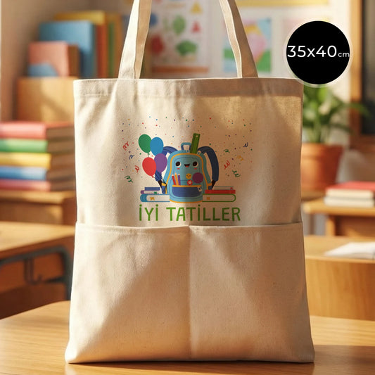 Renkli ve sıcak bir sınıf ortamında, ahşap masada sergilenen 35x40 cm ham renk gabardin bez çanta, 70 cm saplı ve ön ceplere sahip.