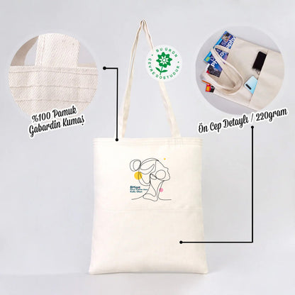 35x40 cm Gabardin Çift Cepli Bez Çanta - Kadınlar Günü