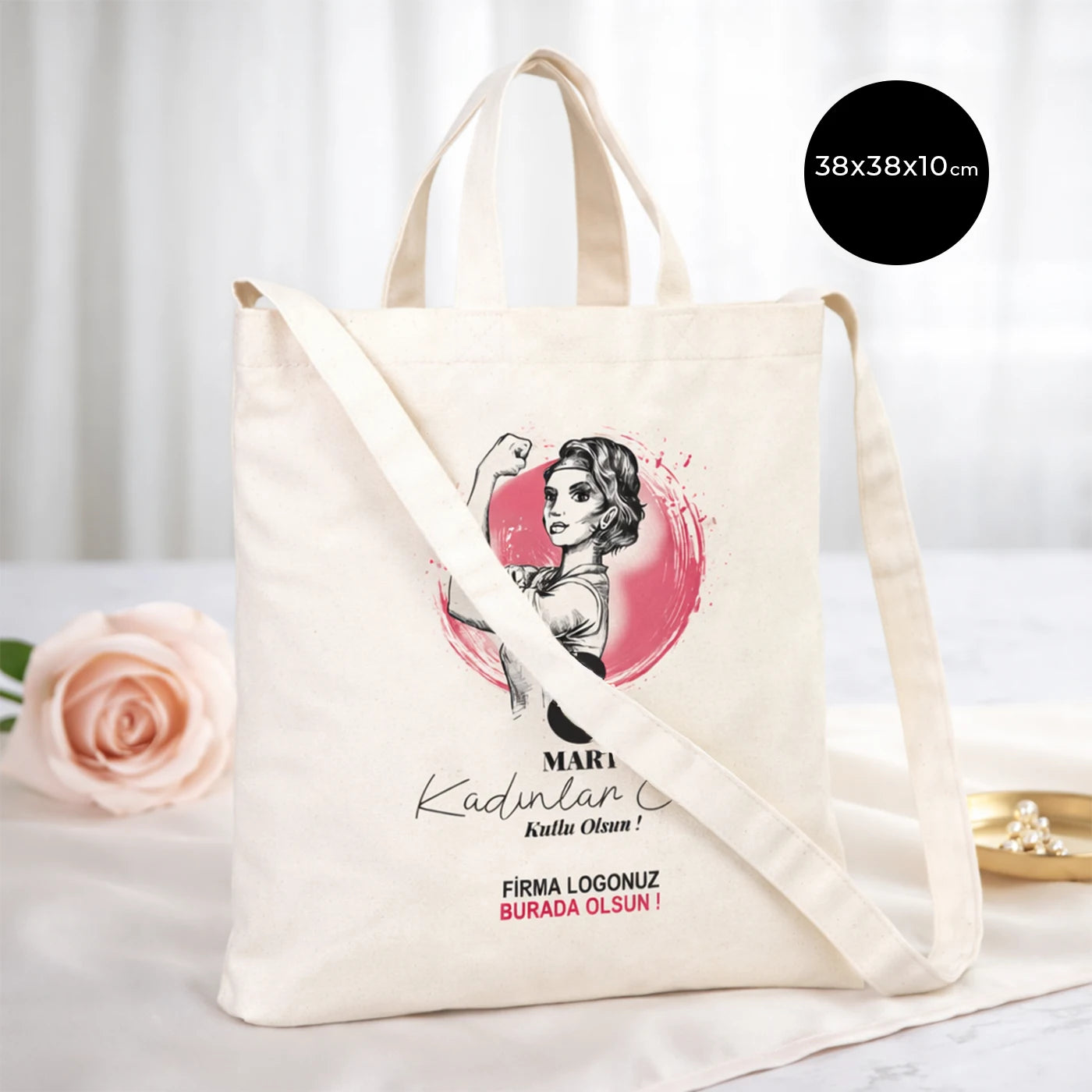 Kadınlar Günü Kanvas Çanta  İç Cepli Cift Kulplu Cırtlı Körüklü