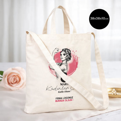 Kadınlar Günü Kanvas Çanta  İç Cepli Cift Kulplu Cırtlı Körüklü