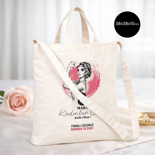 Kadınlar Günü Kanvas Çanta  İç Cepli Cift Kulplu Cırtlı Körüklü