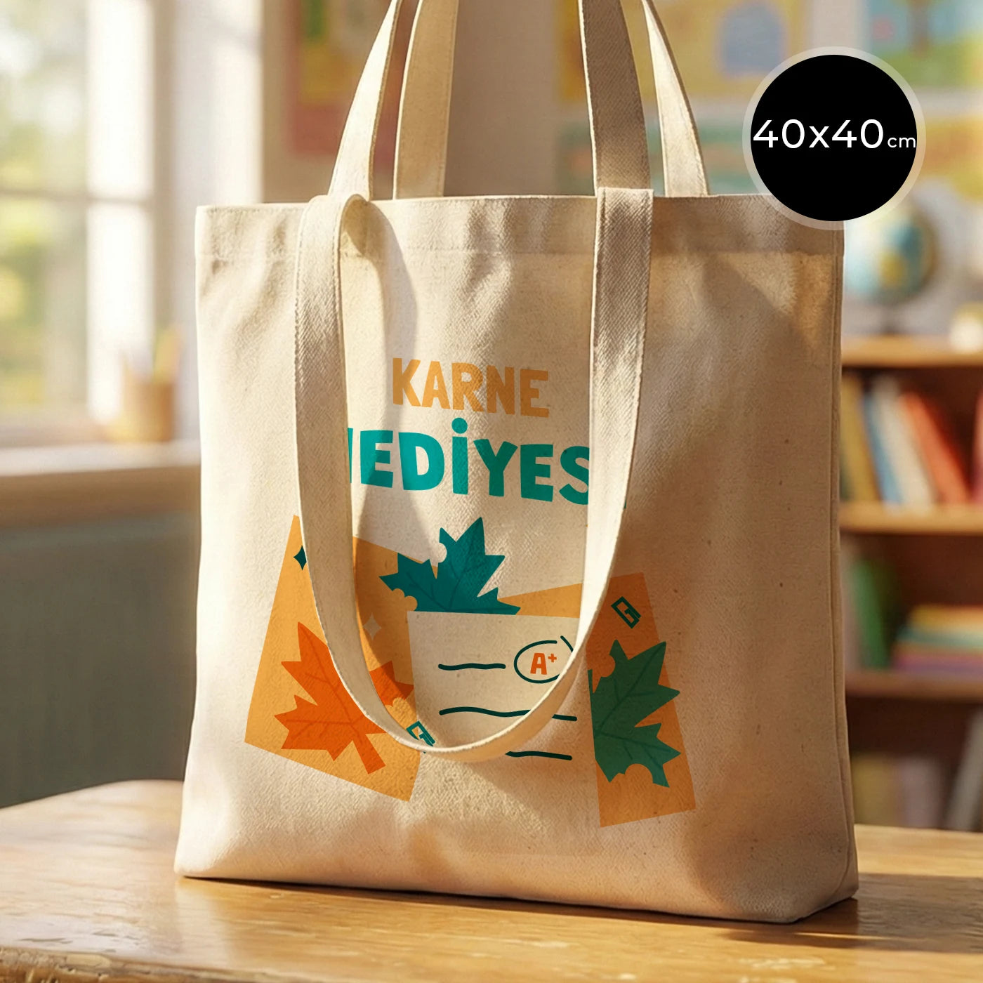 Rengarenk bir sınıf ortamında, ahşap masada sergilenen 40x40 cm çift kulplu ham pamuk bez çanta, 38 cm kısa ve 70 cm uzun saplı.