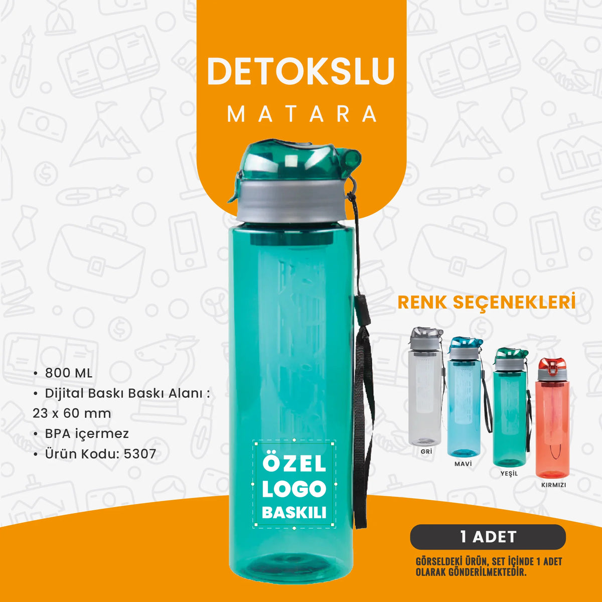 Detokslu matara; 800 ml BPA’sız plastik gövdeli, özel logo baskısı uygulanabilen ve farklı renk seçenekleriyle sunulan kurumsal hediye şişesi.