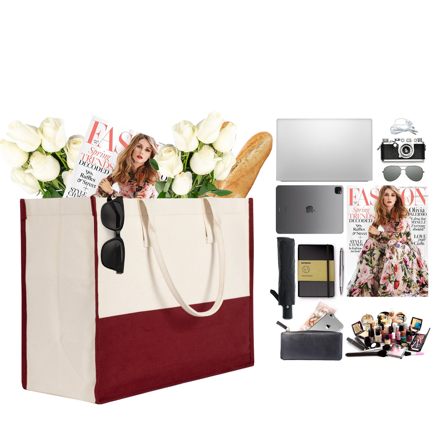 Renkli Elite Kanvas Bez Çanta – Plaj ve Market İçin Büyük Boy, 390gr Bez Kumaş, 45x35x19 cm - Bordo