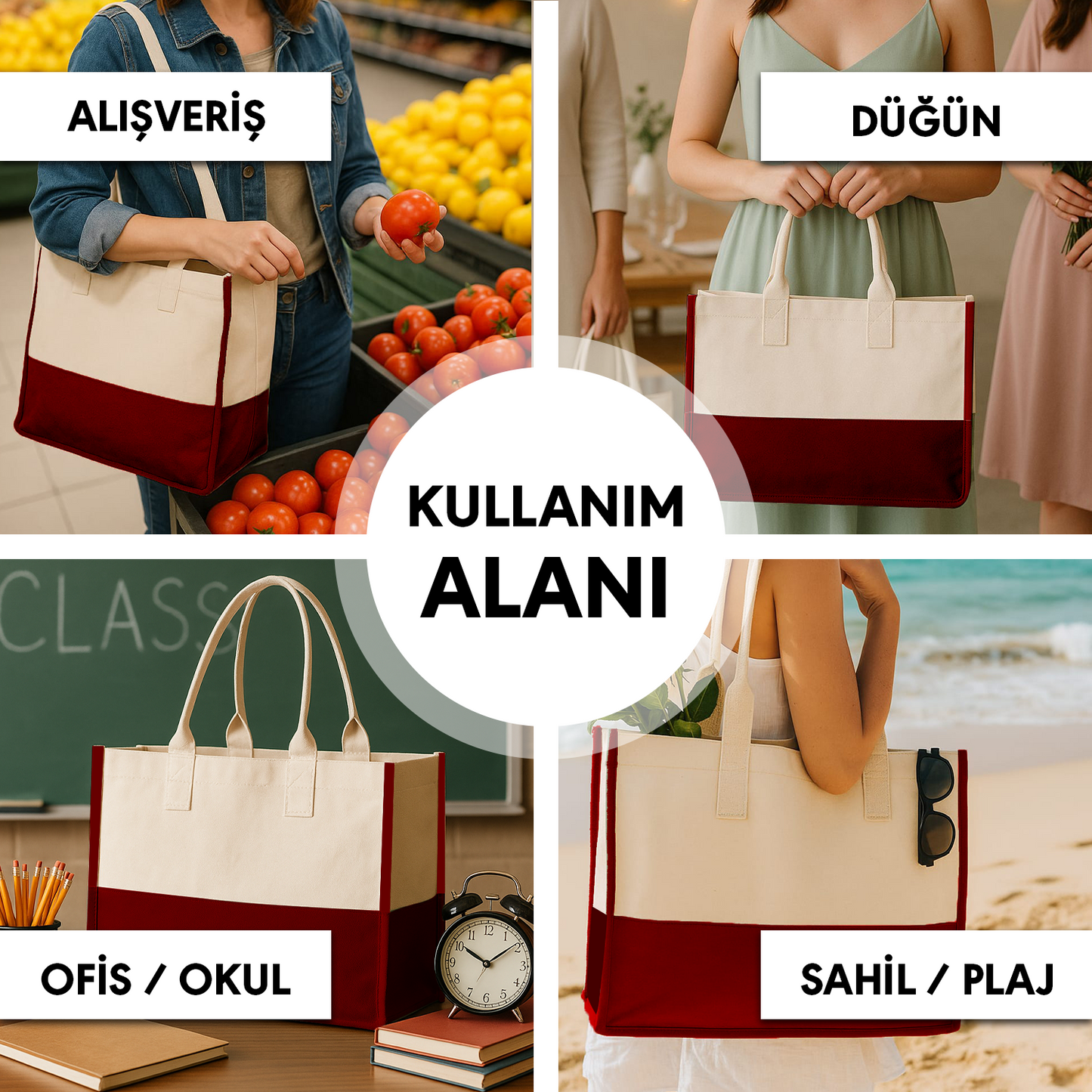 Elite Kanvas Bez Çanta – Plaj ve Market İçin Büyük Boy, 390gr Kalın Kumaş, 45x35x19 cm, Bordo (Özelleştirilebilir)