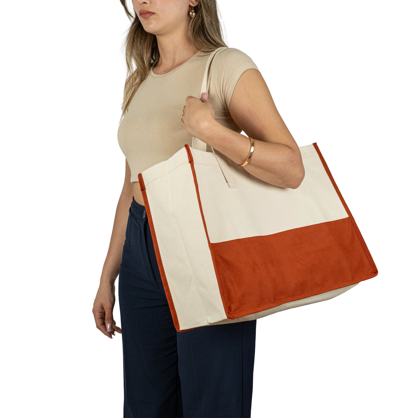 Kiremit renginde pamuklu kumaştan üretilmiş kanvas çanta 45x35x19 cm