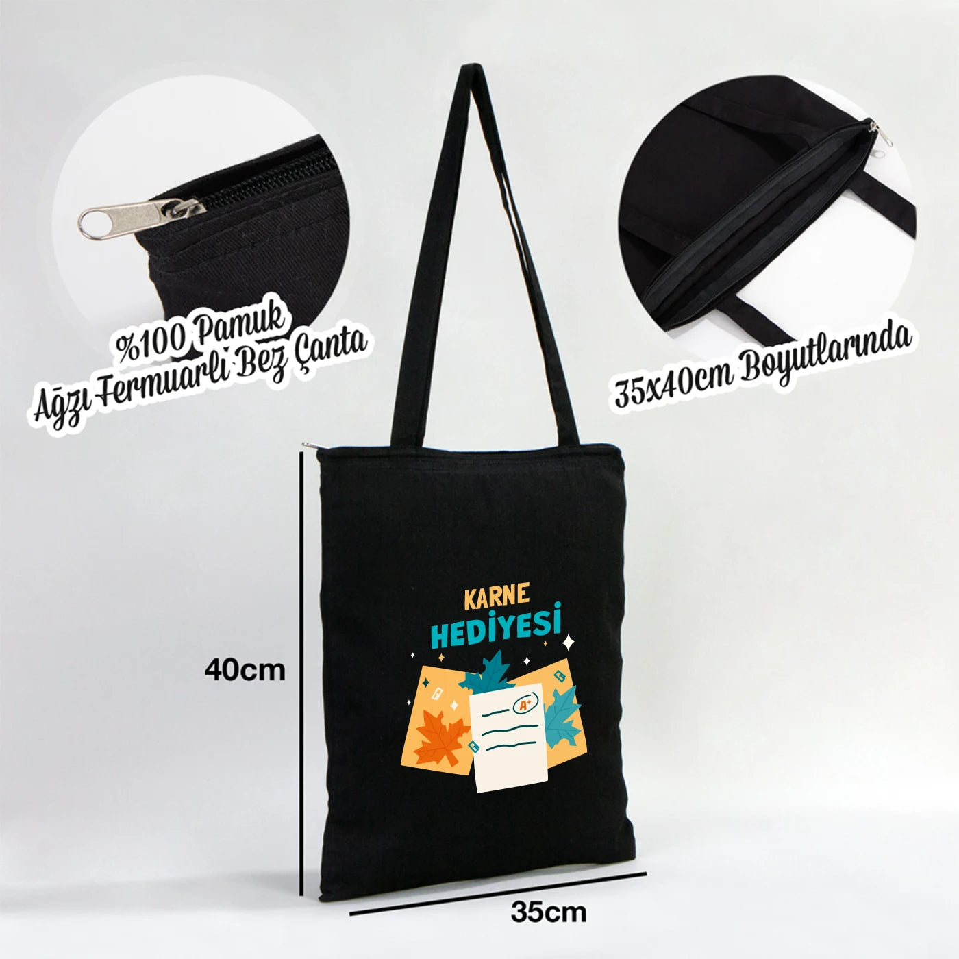 35x40 cm siyah gabardin fermuarlı çanta, 70 cm saplı.