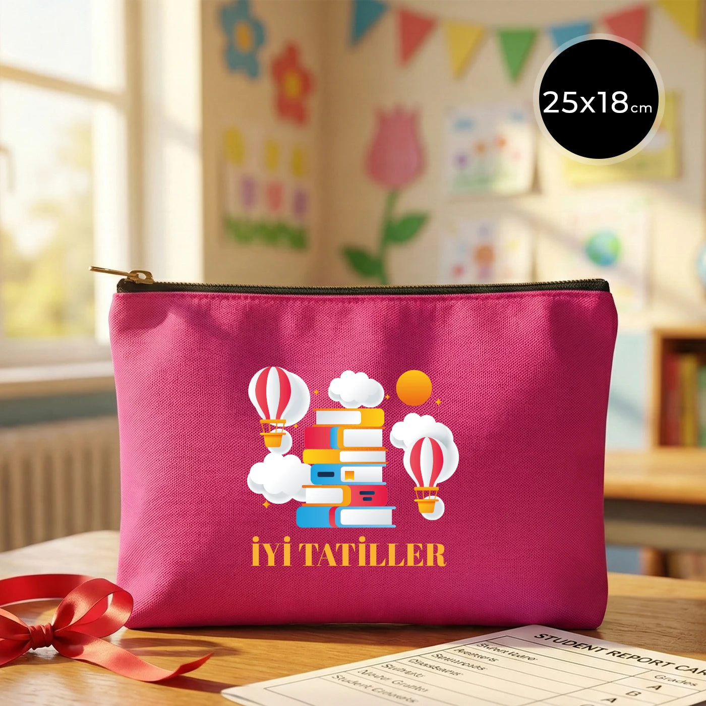 Karne Günü Desenli  Fuşya Clutch – Metal Fermuarlı 25×18 cm