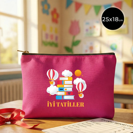 Karne Günü Desenli  Fuşya Clutch – Metal Fermuarlı 25×18 cm