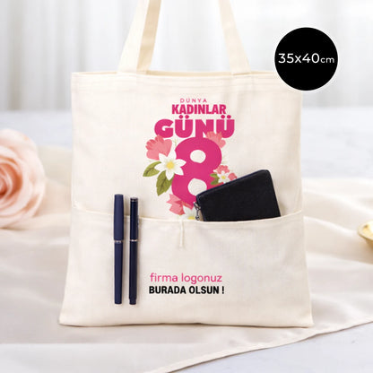 Kadınlar Günü Gabardin Bez Çanta - Çift Cepli