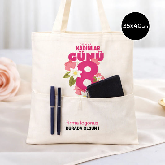 Kadınlar Günü Gabardin Bez Çanta - Çift Cepli