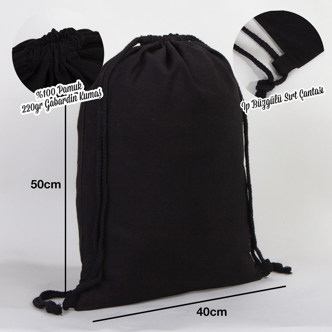 Gabardin Siyah Bez Sırt Çantası 40x50 cm (Büyük Boy)