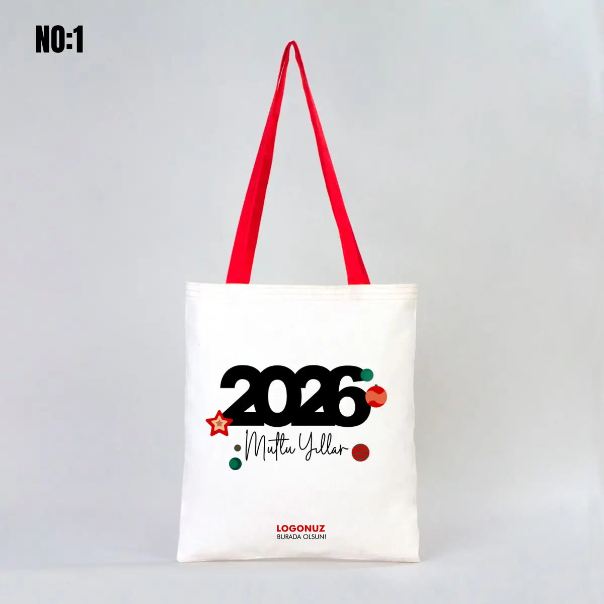 Yılbaşı Baskılı Renkli Kulp Ham Bez Çanta 35x40 cm (Özelleştirilebilir)