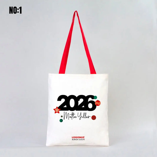 Yılbaşı Baskılı Renkli Kulp Ham Bez Çanta 35x40 cm (Özelleştirilebilir)