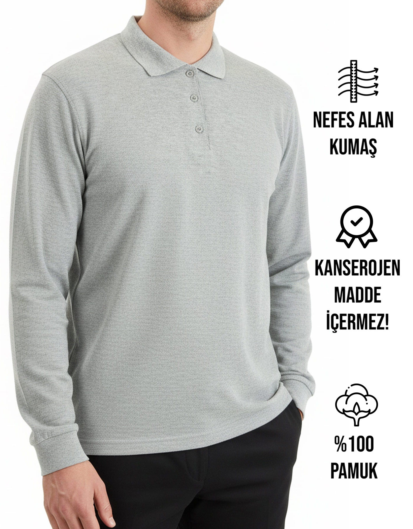 Baskılı Polo Yaka Uzun Kol Gri Tişört