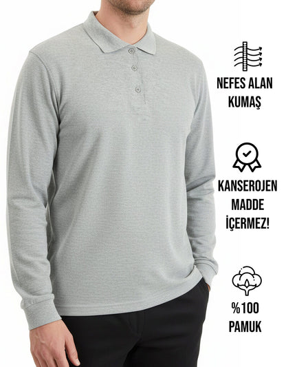 Baskılı Polo Yaka Uzun Kol Gri Tişört