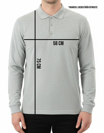 Baskılı Polo Yaka Uzun Kol Gri Tişört