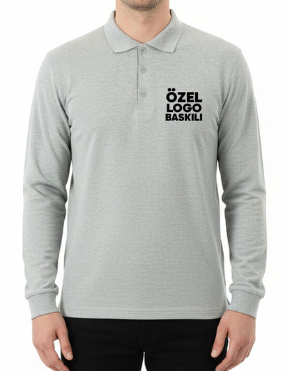 Baskılı Polo Yaka Uzun Kol Gri Tişört