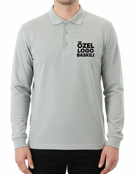Baskılı Polo Yaka Uzun Kol Gri Tişört