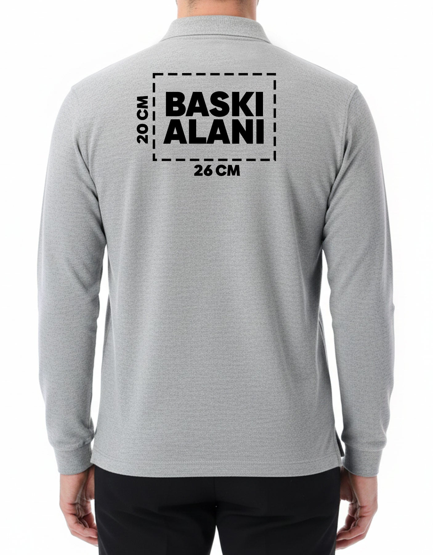 Baskılı Polo Yaka Uzun Kol Gri Tişört