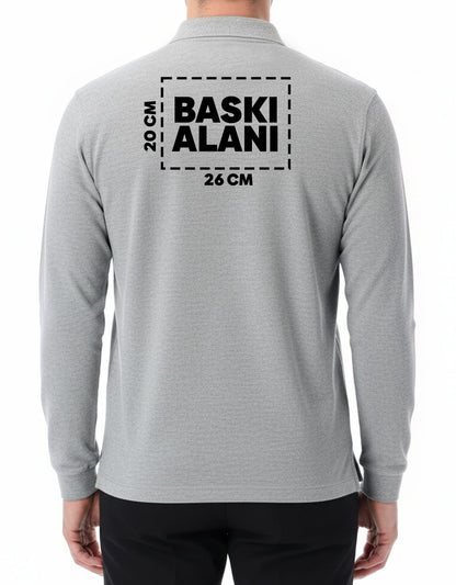 Baskılı Polo Yaka Uzun Kol Gri Tişört
