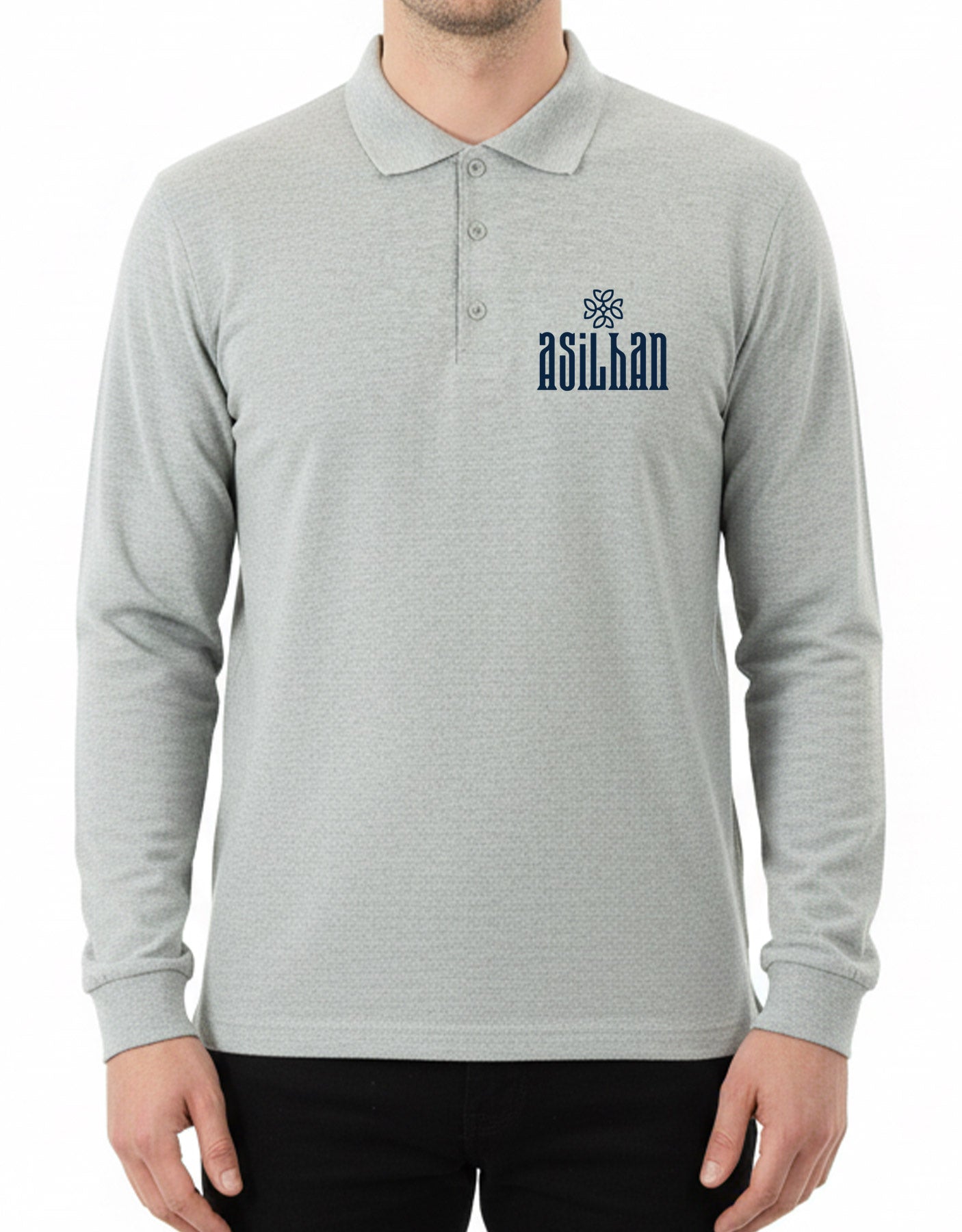 Baskılı Polo Yaka Uzun Kol Gri Tişört