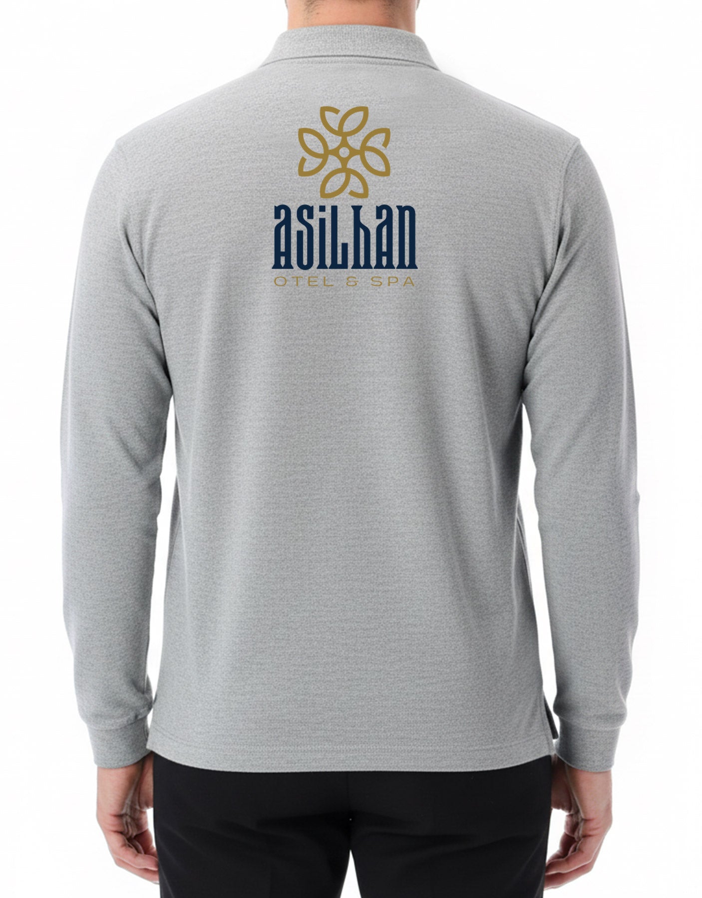 Baskılı Polo Yaka Uzun Kol Gri Tişört