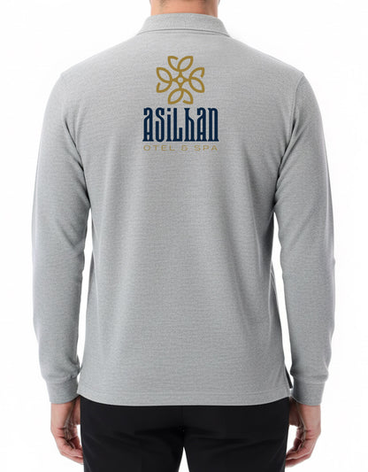 Baskılı Polo Yaka Uzun Kol Gri Tişört