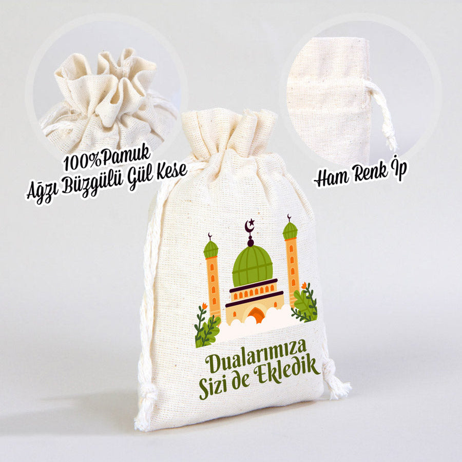 Hac ve Umre Hediyelik Bez Kese | 10x14,5 cm Kabe-i Muazzama’dan Selam ve Dua ile