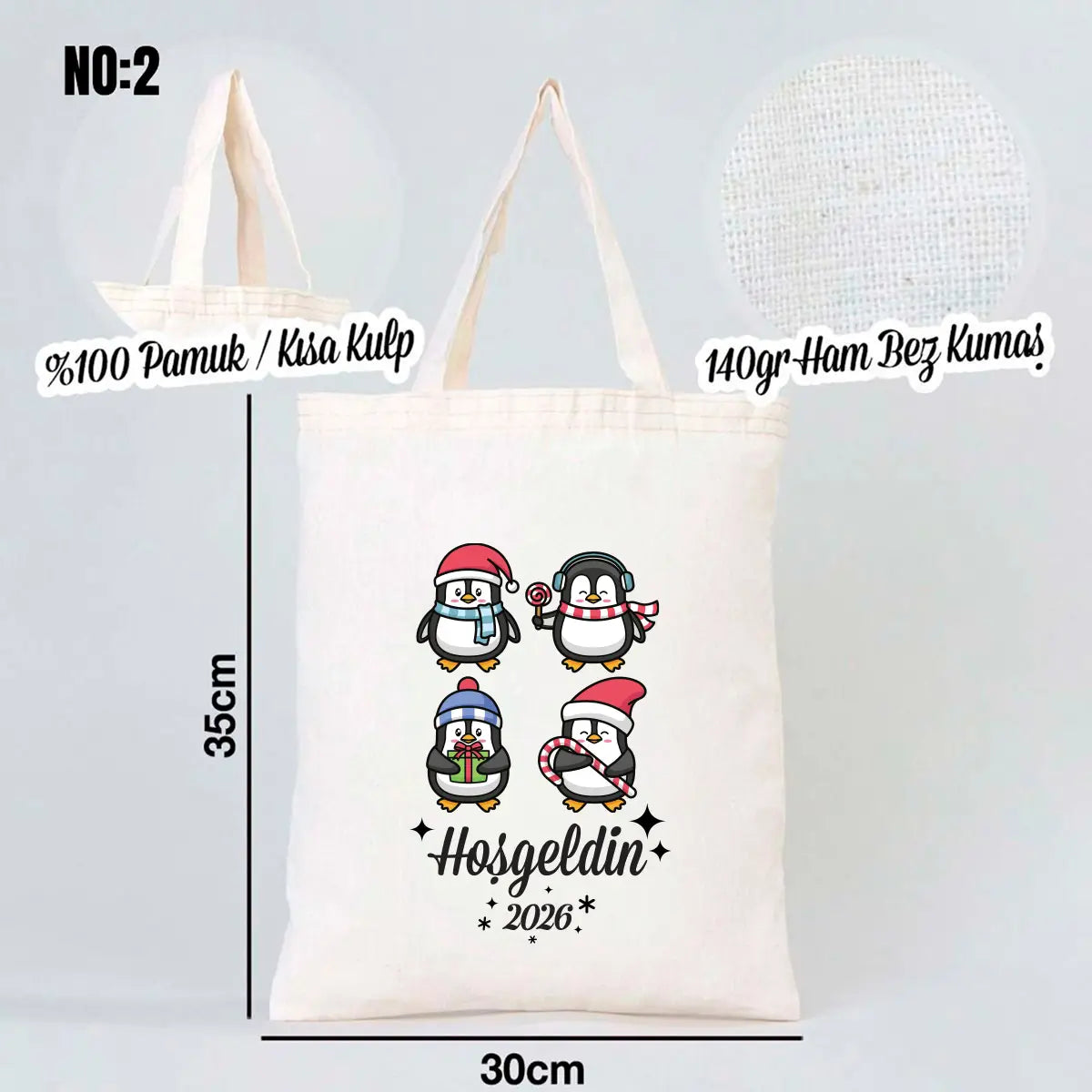 Yılbaşı Baskılı Ham Bez Çanta 30x35 cm - Kısa Kulp (Özelleştirilebilir)
