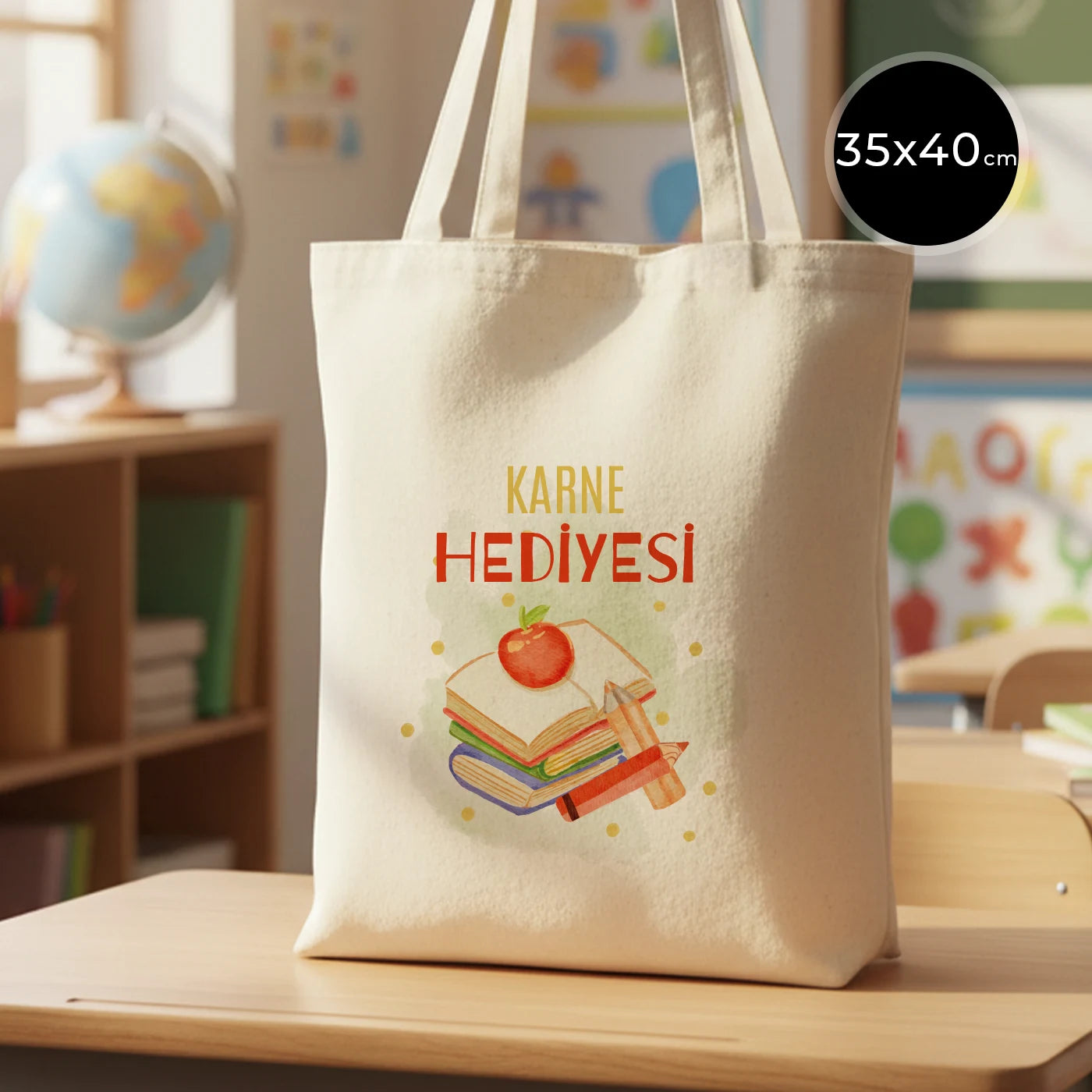 Sıcak ve renkli bir sınıf ortamında ahşap masada sergilenen 35x40 cm ham pamuk bez çanta, 70 cm saplı ve doğal görünümlü.