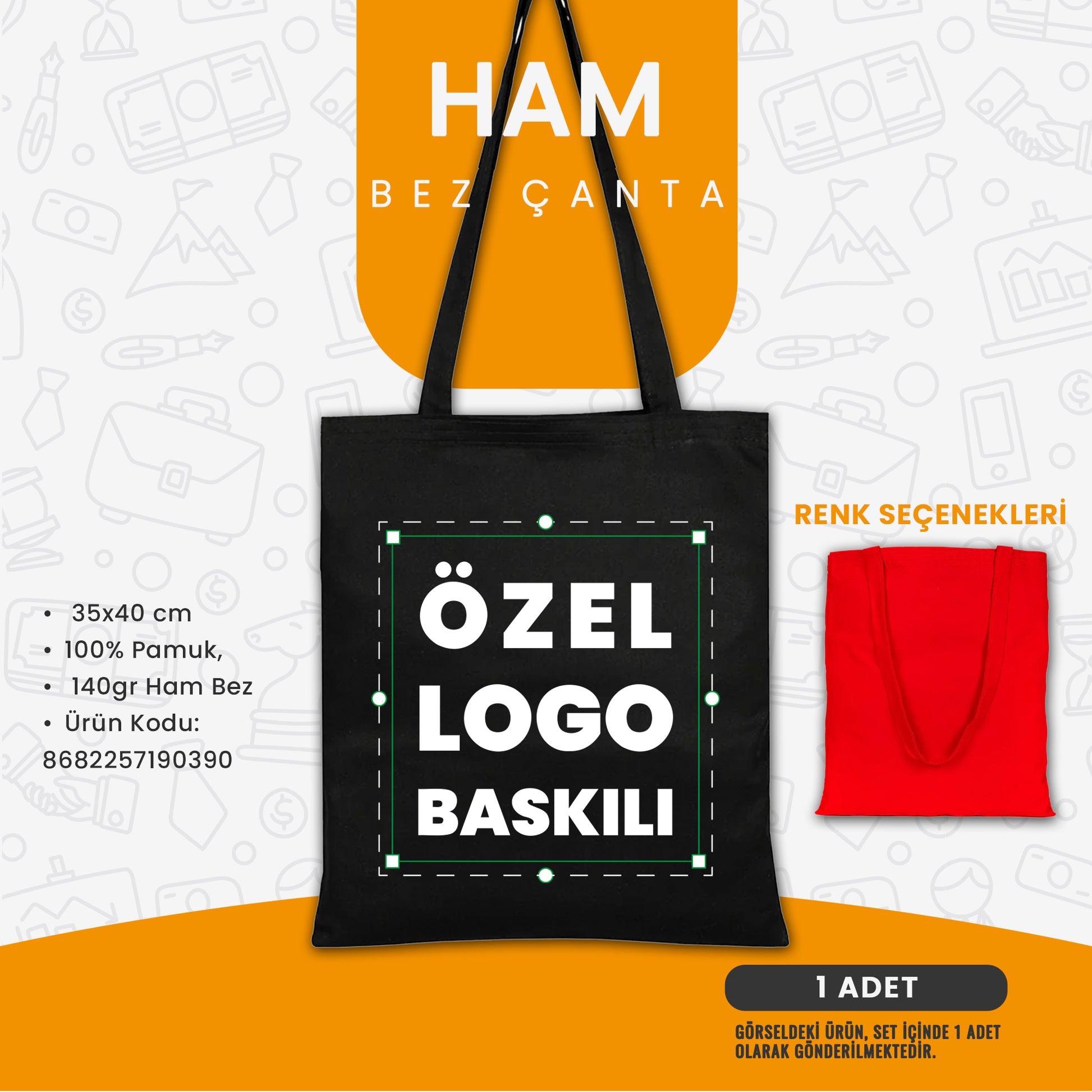 Ham bez çanta – 35x40 cm ebatında, 100% pamuk 140 gr kumaştan üretilmiş, siyah ve kırmızı renk seçenekli özel logo baskılı çanta. 
