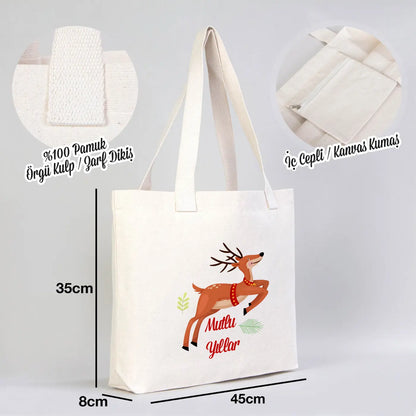 Yeniyıl Baskılı Modern Kanvas Çanta - Dıştan Örgü Kulp 45x35x8 cm - yakın çekim